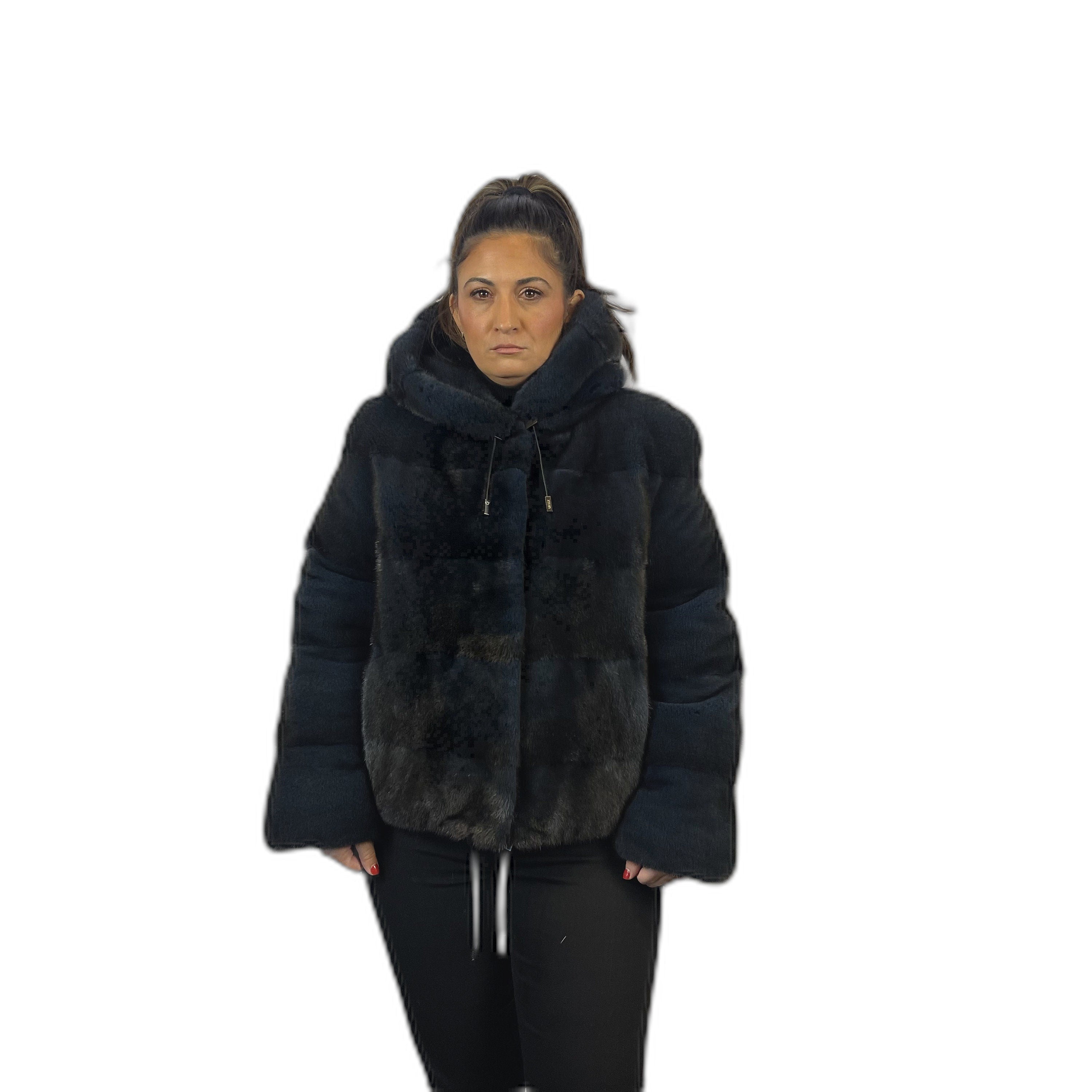 Mink reversible down jacket. Blue dyed mink