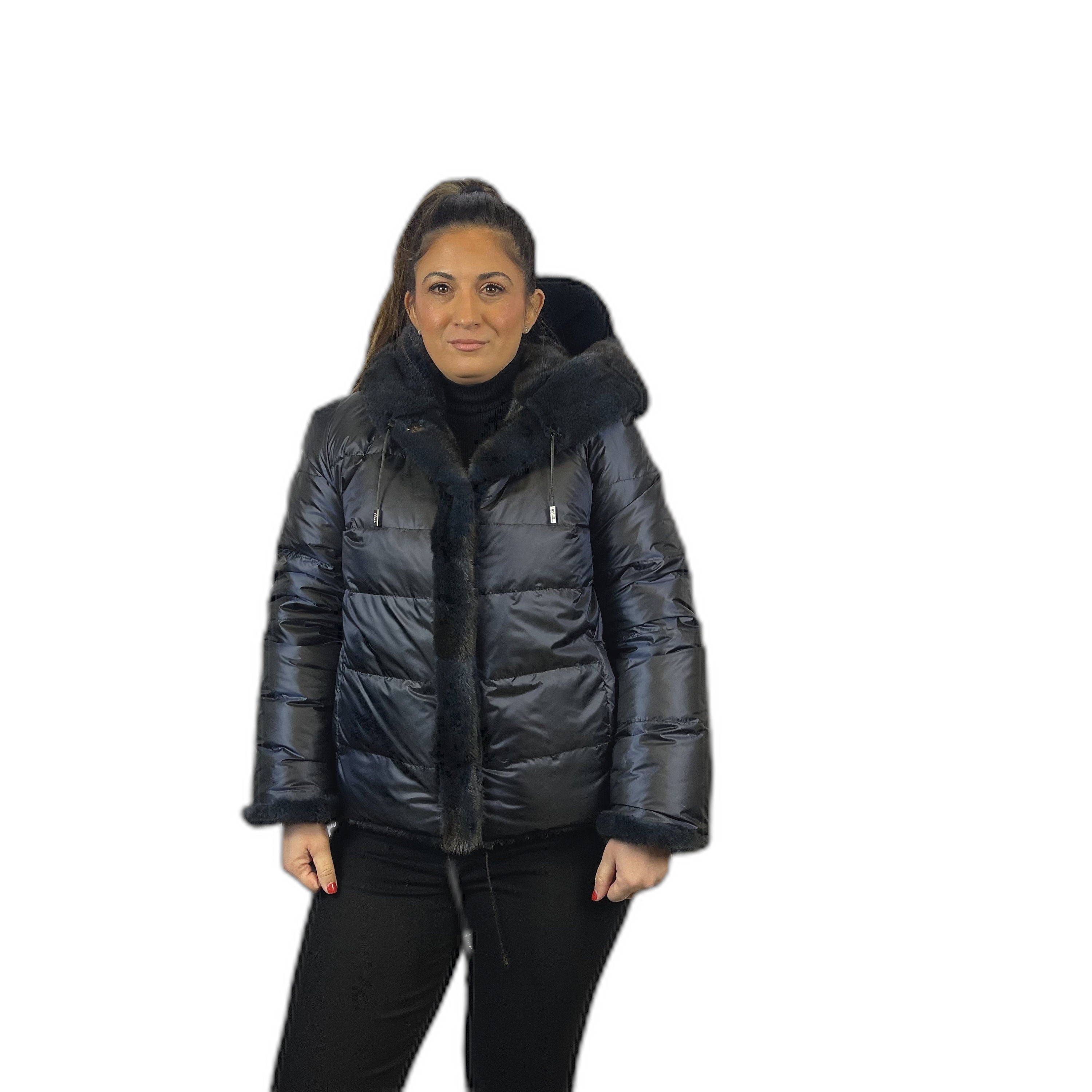 Mink reversible down jacket. Blue dyed mink