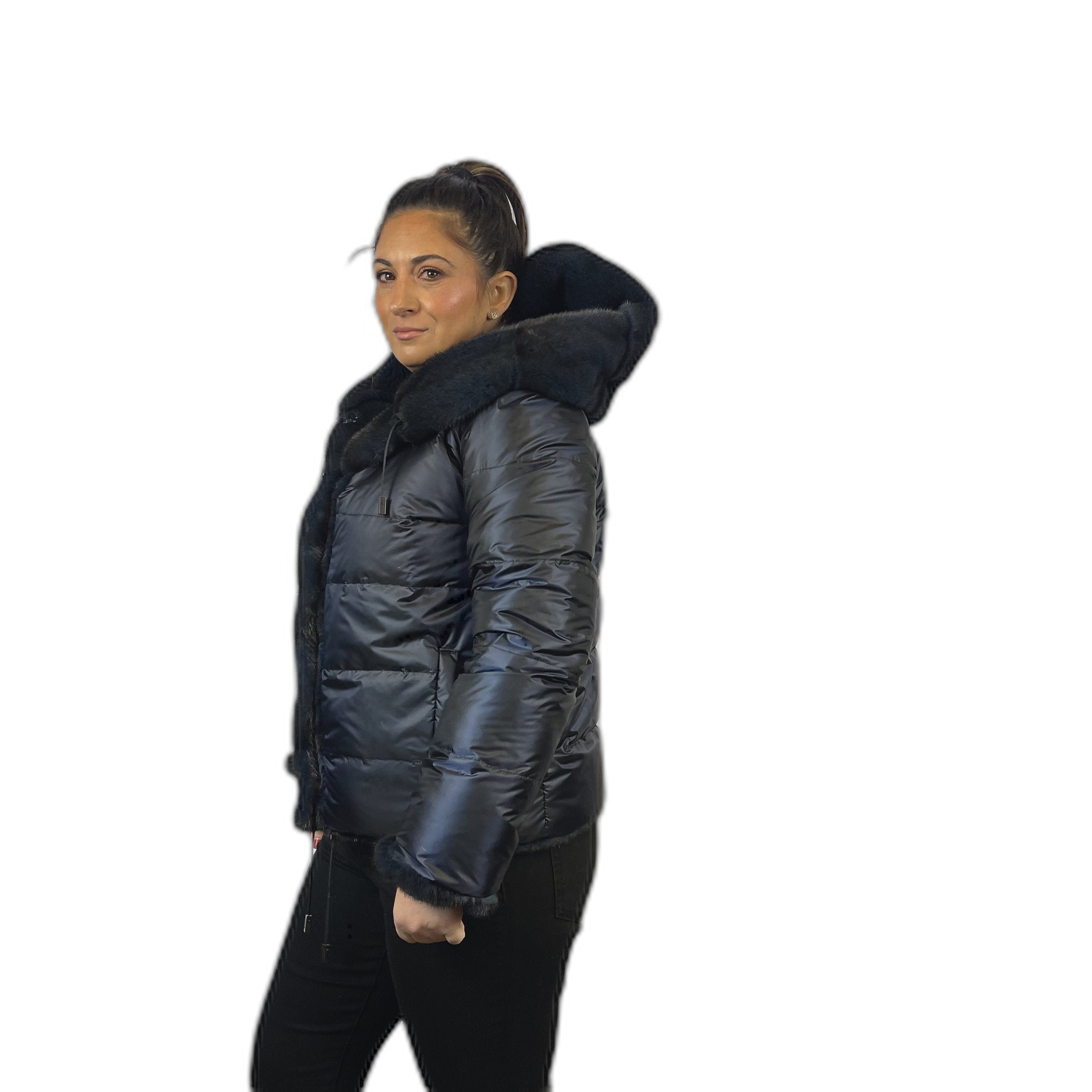 Mink reversible down jacket. Blue dyed mink