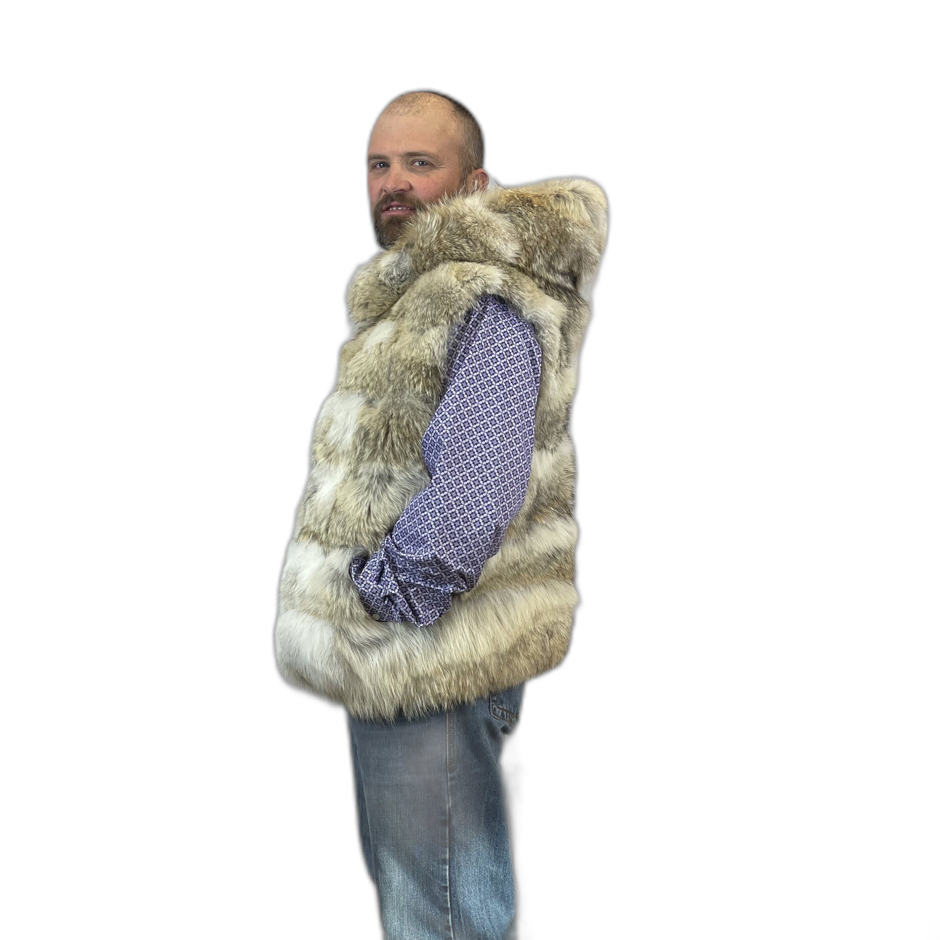 Coyote fur vest with hood. made with real western silky coyote