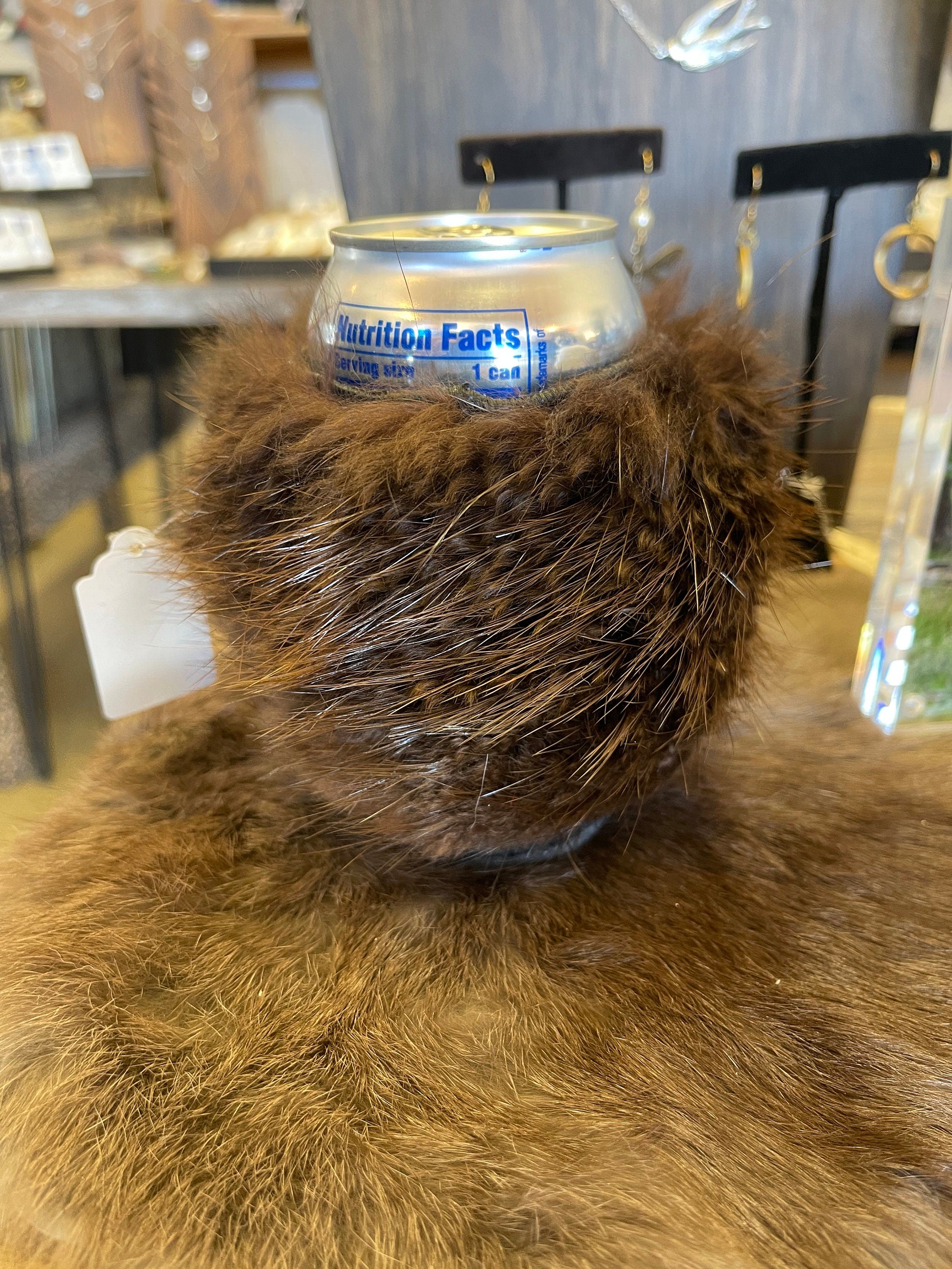 Beaver Can cooler real beaver fur accessory unique beaver fur gift koozie