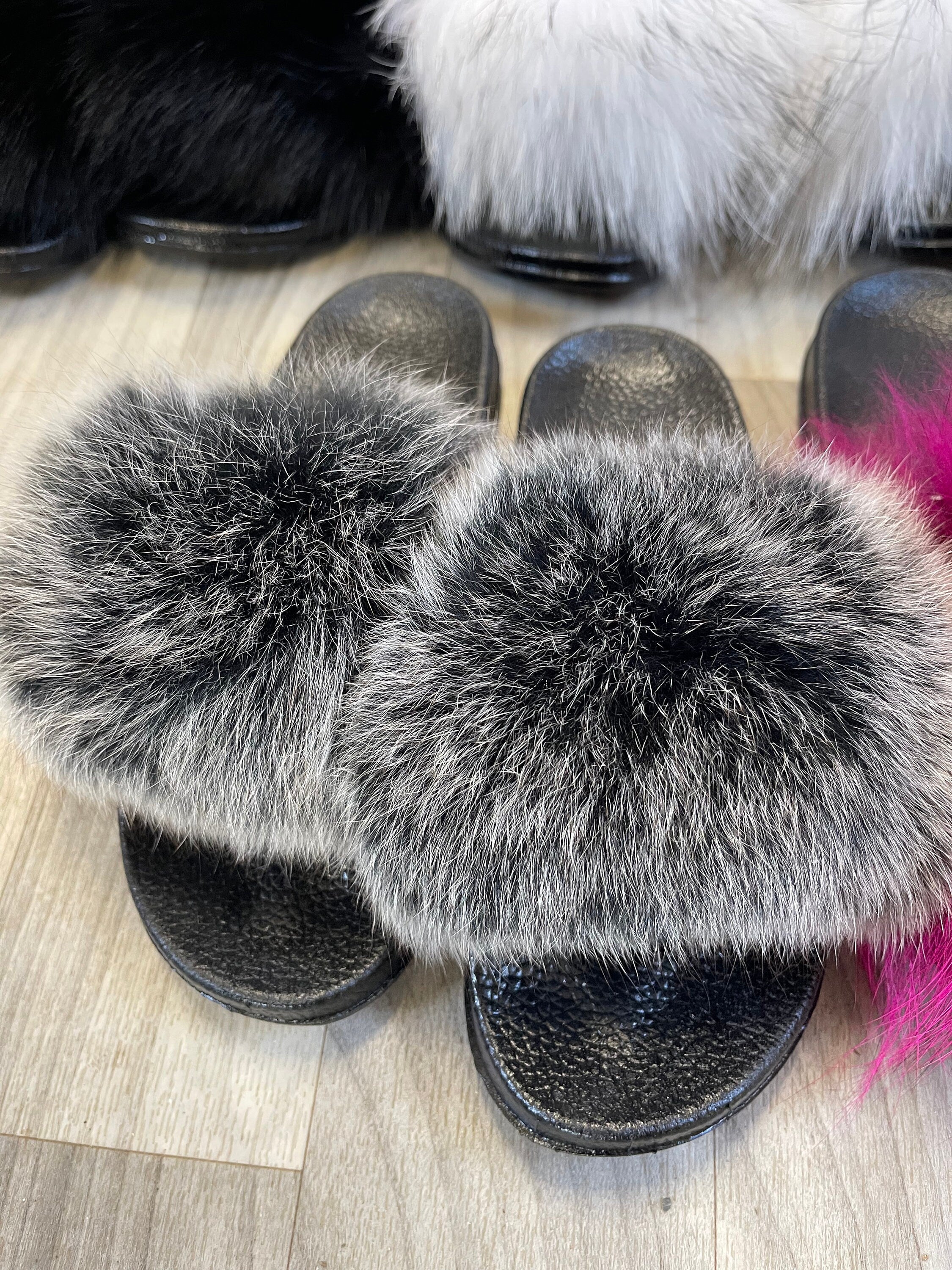 Luxury Fur Slides – Soft Plush Slippers in Multiple Colors | Prestige Furs