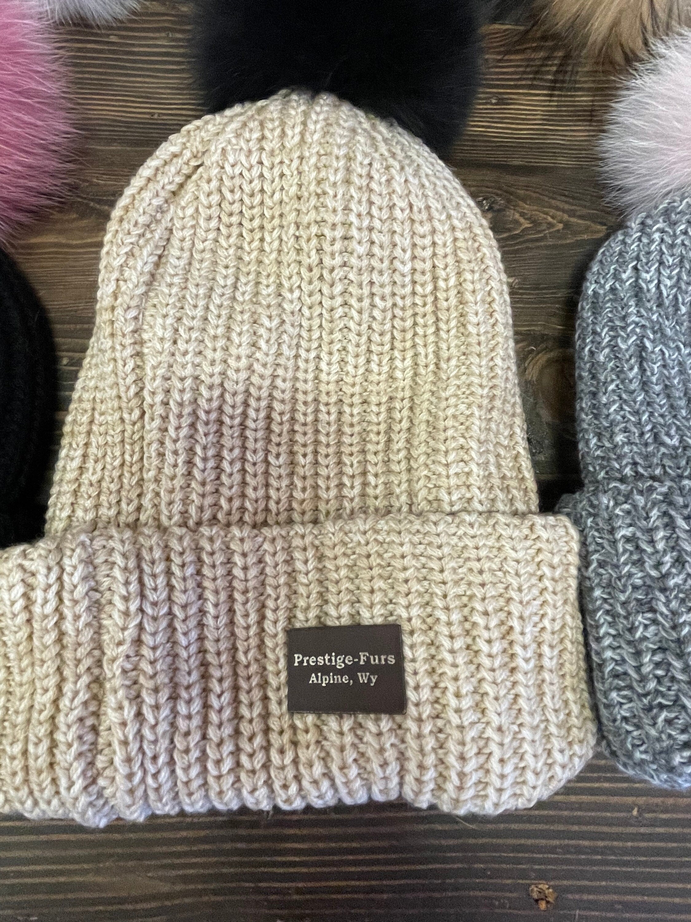 Stocking cap real fur pom warm hat gift beanie