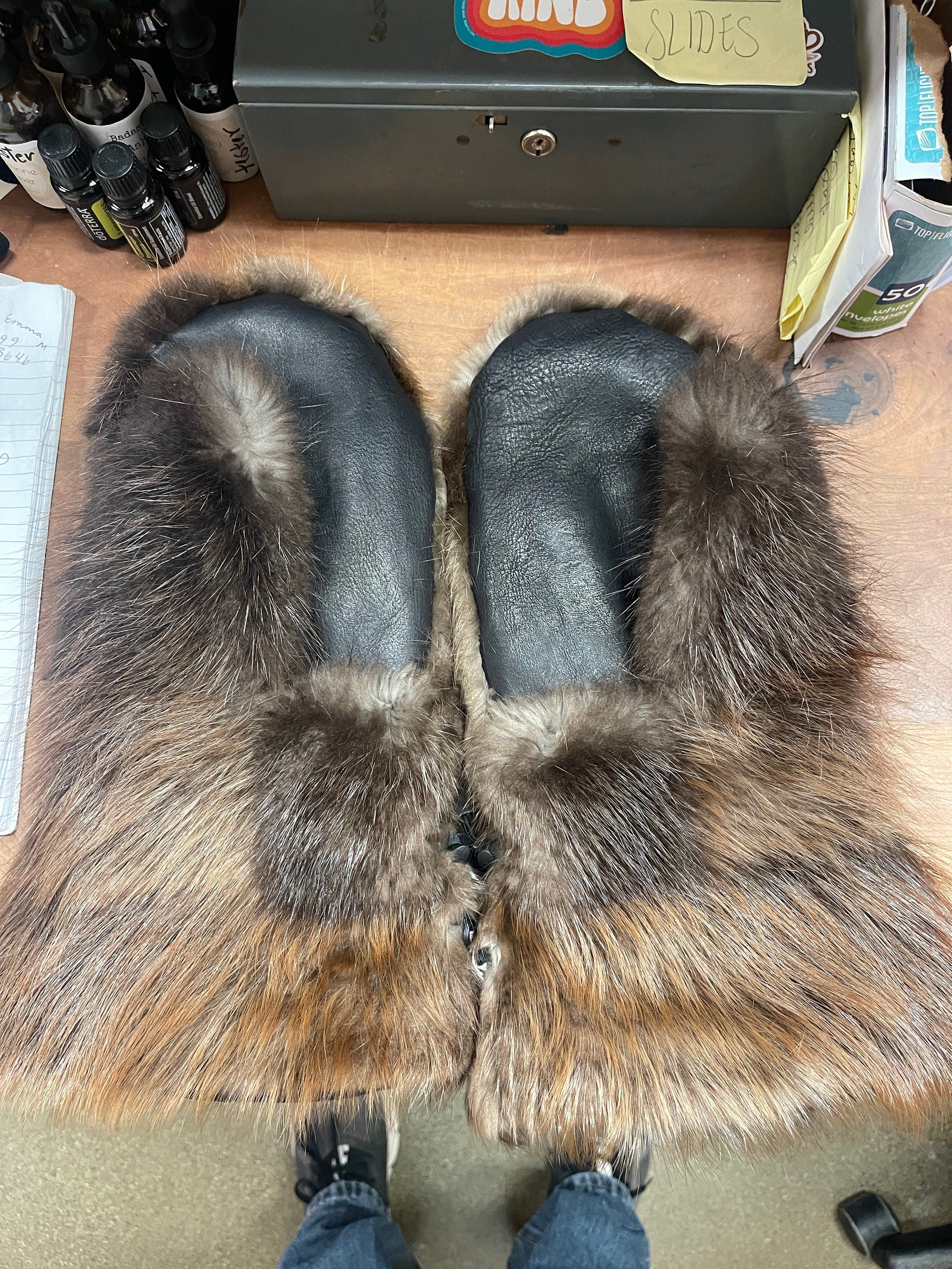 Beaver mittens made with real beaver fur and polar tech removable liner