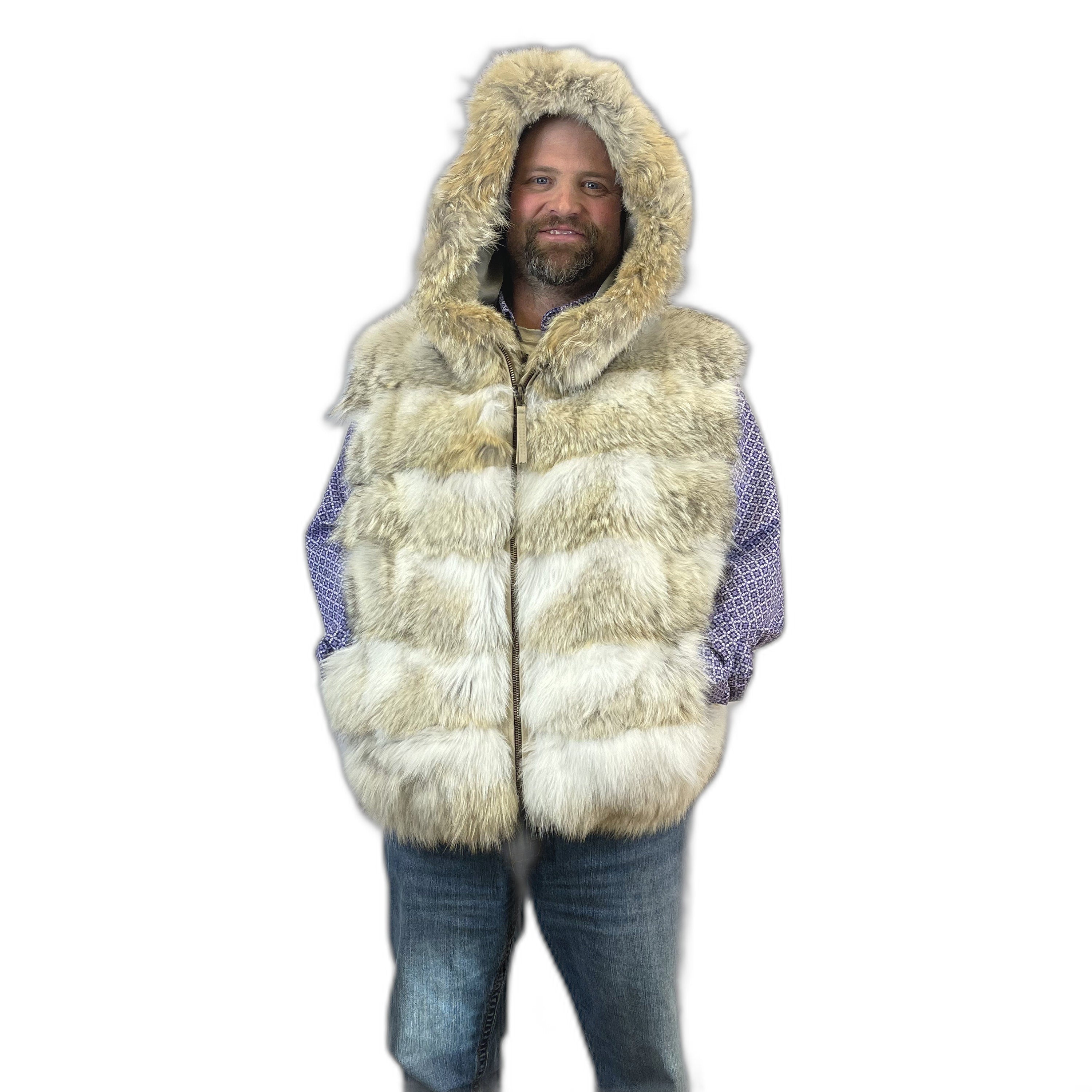 Coyote fur vest with hood. made with real western silky coyote