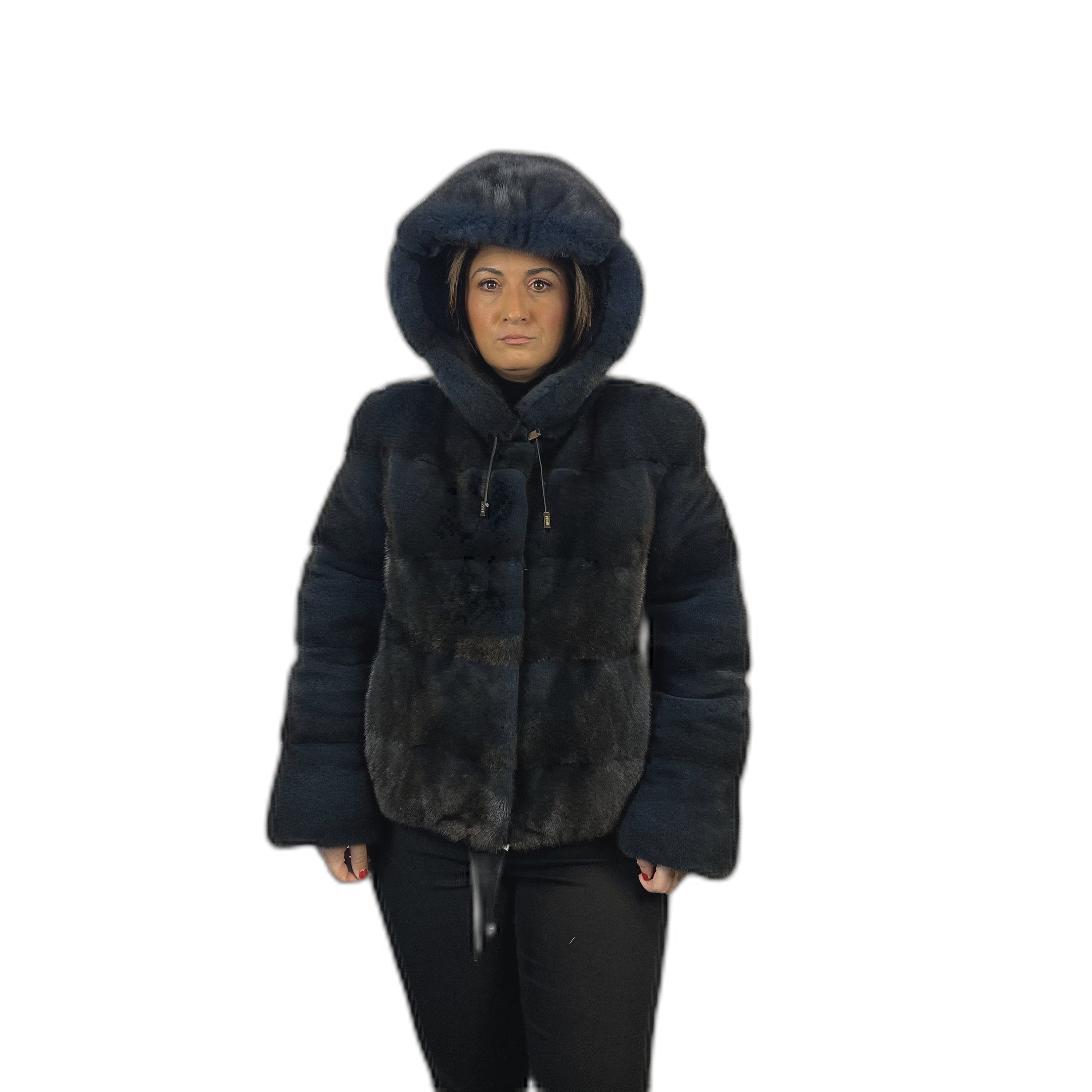 Mink reversible down jacket. Blue dyed mink