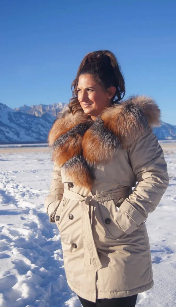 Waterproof parka with dyed fox trim