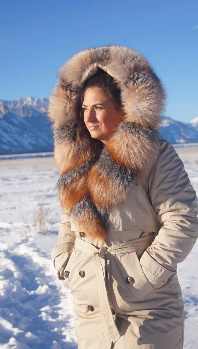 Waterproof parka with dyed fox trim