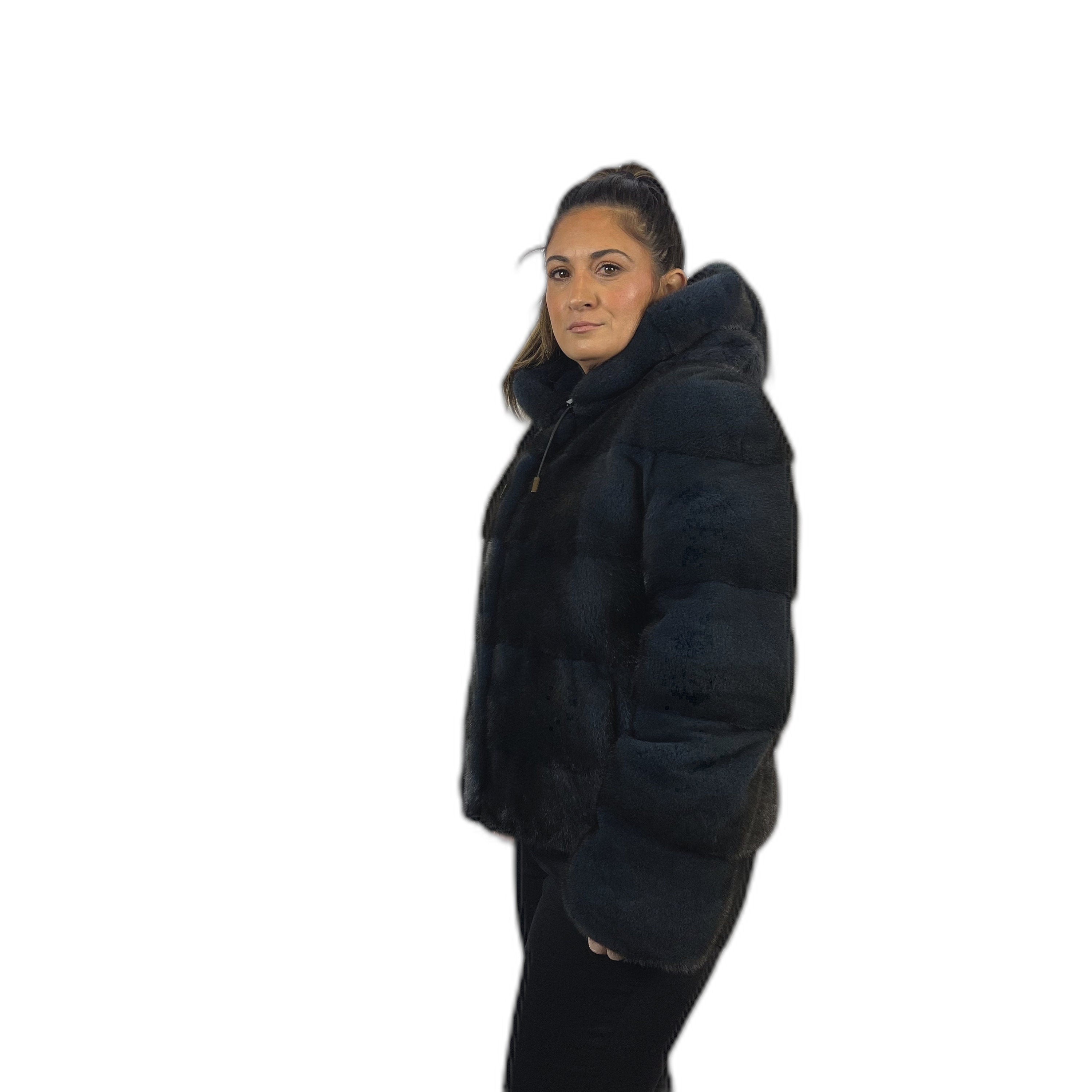 Mink reversible down jacket. Blue dyed mink